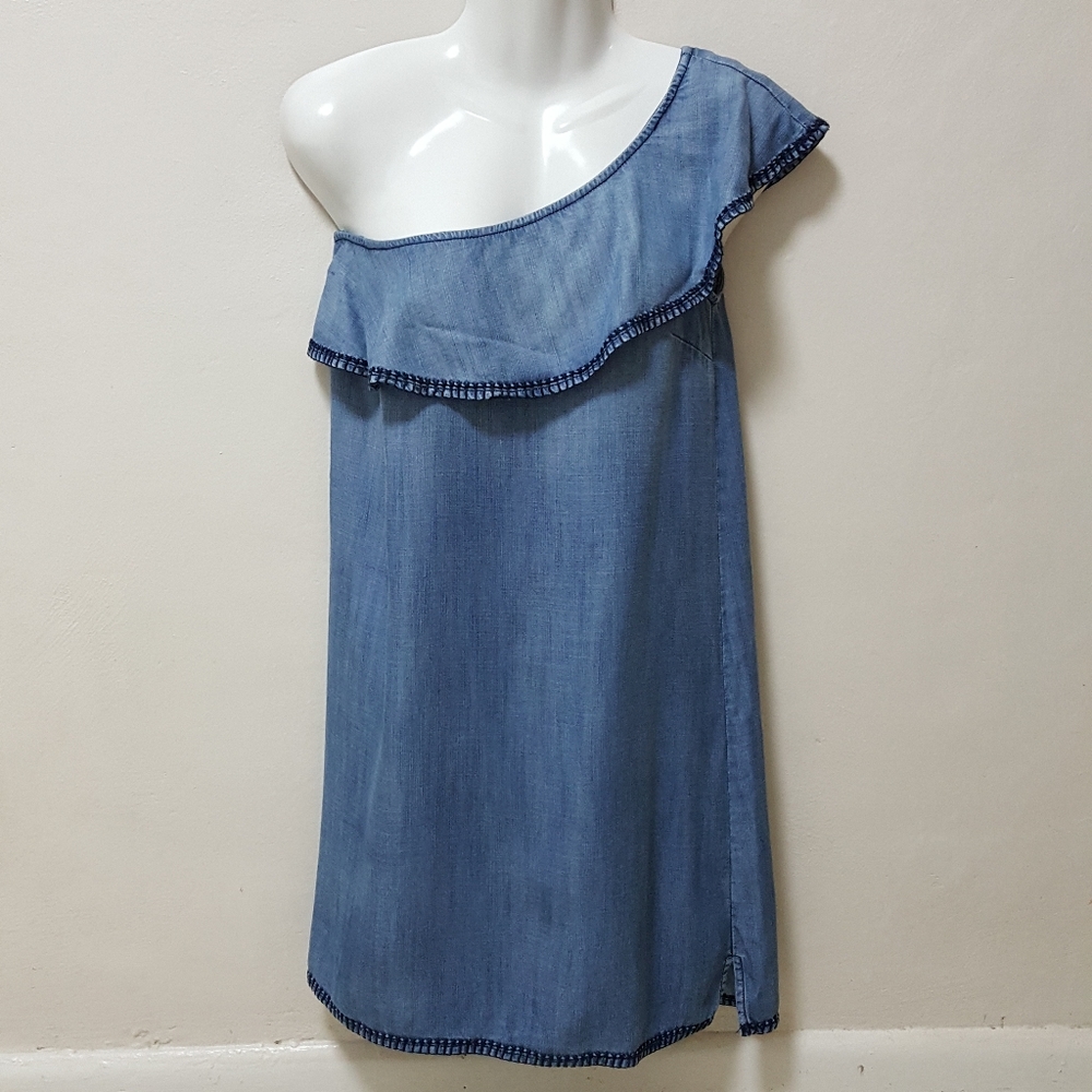 Anthropologie Cloth & Stone Chambray Dress One Shoulder Ruffle Tencel Blue XS